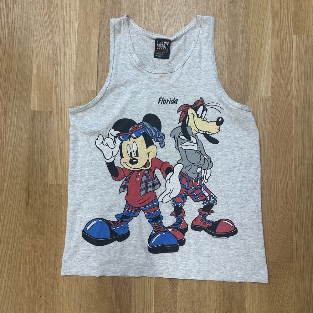 VINTAGE SHERRYS BEST Licensed Disney Gray Tank Top with Mickey and Goofy take FL